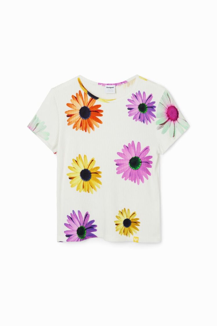 Desigual Ribbed Daisy Majice Bijele | iHUMCqY4