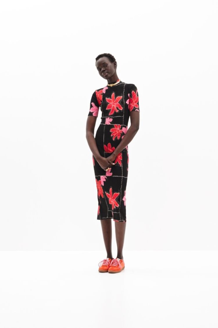 Desigual Ribbed Floral Midi Haljina Crne | ESsh7p9N