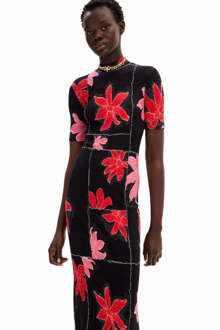 Desigual Ribbed Floral Midi Haljina Crne | ESsh7p9N