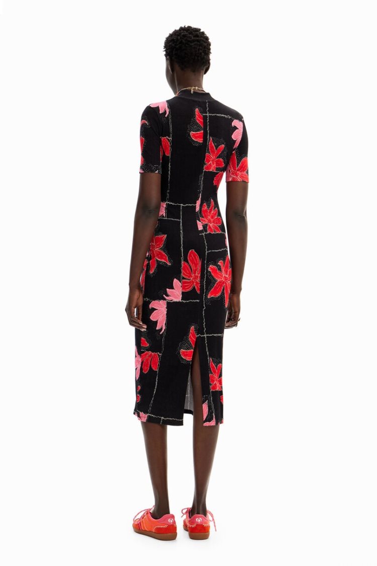 Desigual Ribbed Floral Midi Haljina Crne | ESsh7p9N