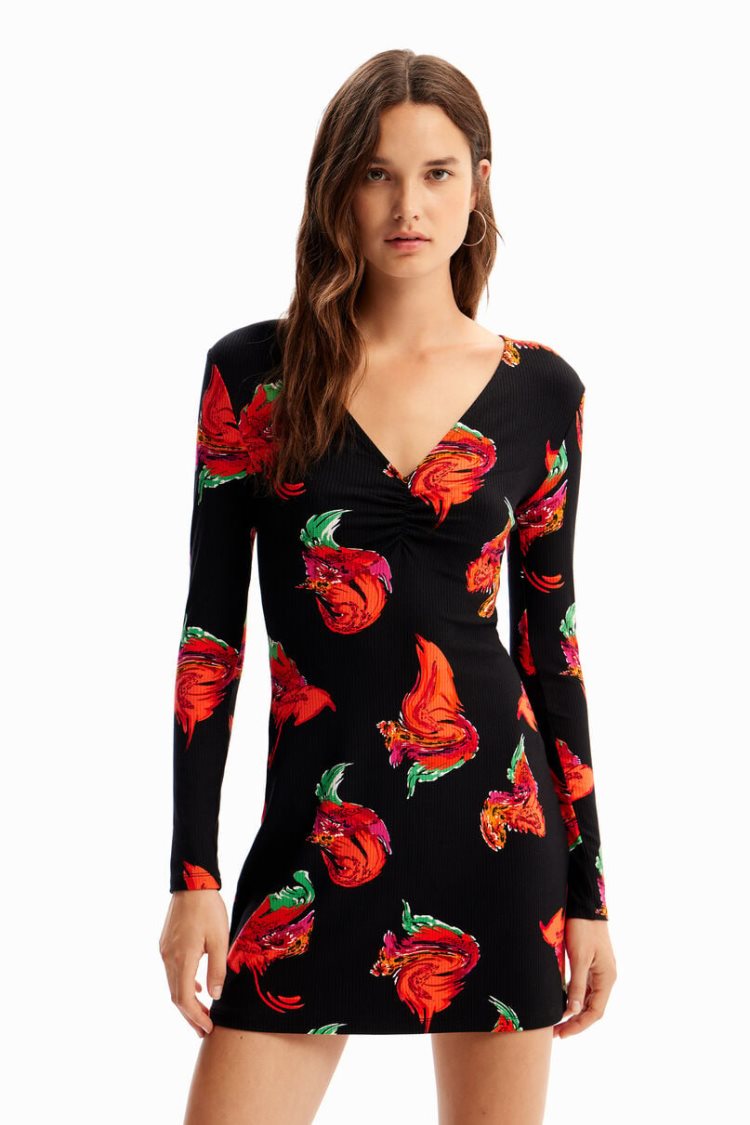 Desigual Ribbed Floral Mini Haljina Crne | RfUnKDFV