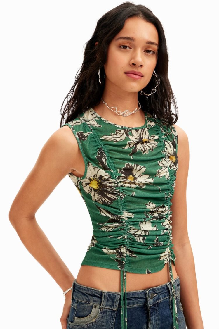 Desigual Ruched Floral Majice Zelene | WM6o7UAH