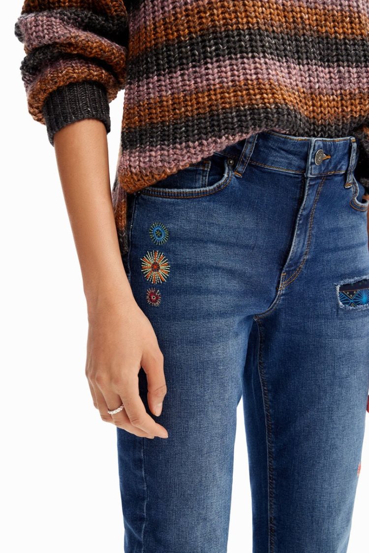 Desigual Slim Embroidered Hlače Plave | RdT7JkVk