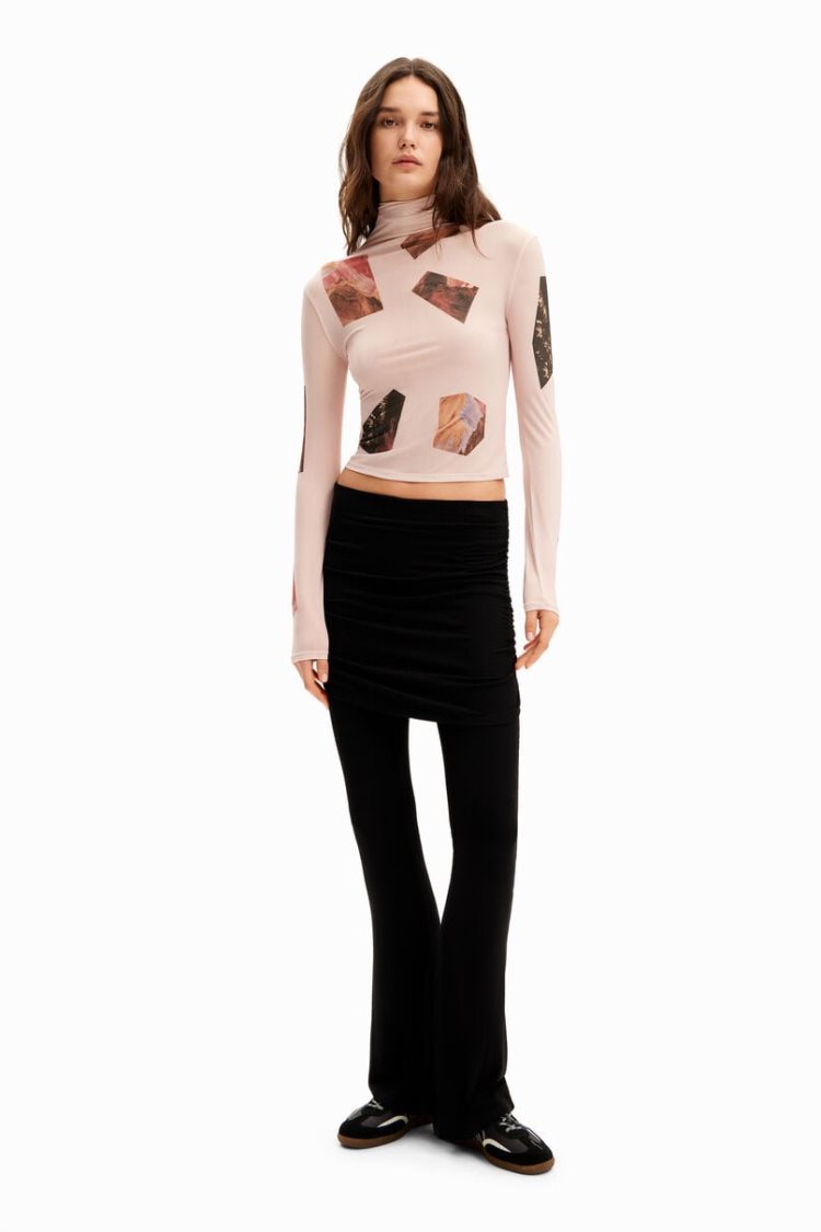 Desigual Slim High Neck Collage Majice Roze | lPo8GIZV