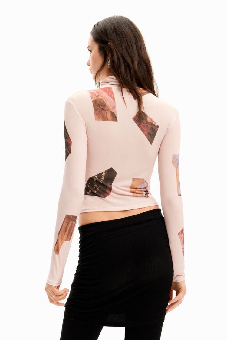 Desigual Slim High Neck Collage Majice Roze | lPo8GIZV