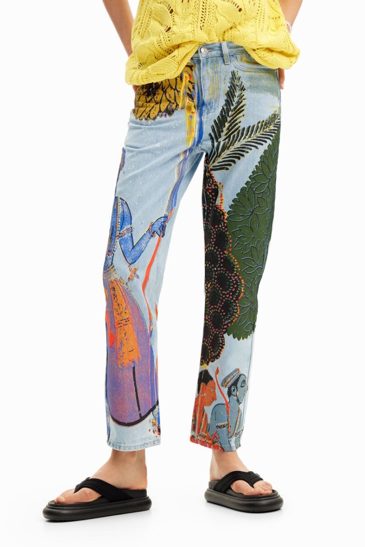 Desigual Straight India Print Jeans Hlače Plave | HQO8tUSl