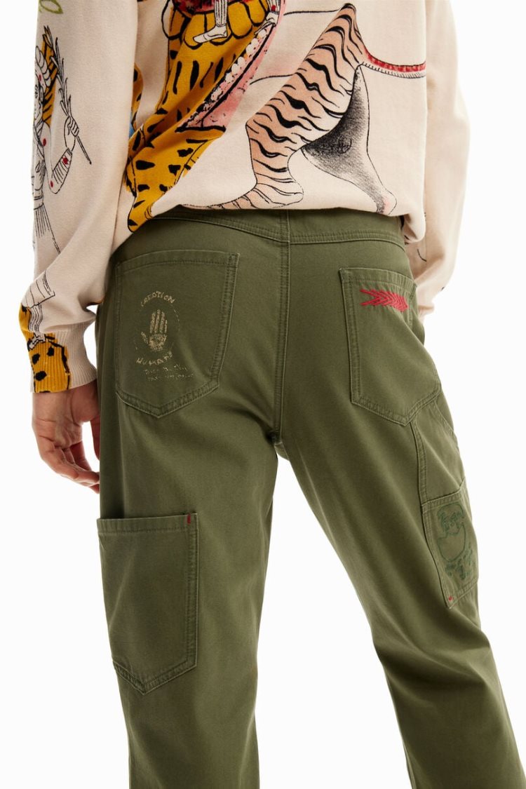 Desigual Straight Long Pants With Embroidery Hlače Zelene | i4Etyvf6