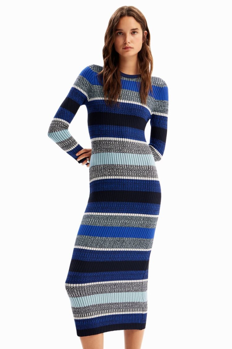 Desigual Stripy Ribbed Midi Haljina Plave | WEIYFGa2