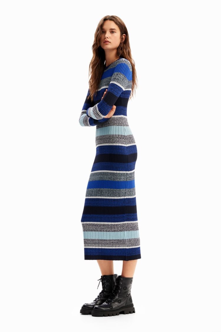 Desigual Stripy Ribbed Midi Haljina Plave | WEIYFGa2