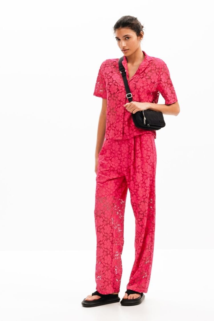 Desigual Tailored Floral Lace Hlače Roze | 5f6oJOko