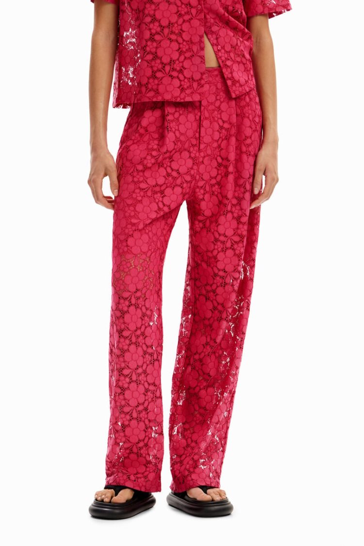 Desigual Tailored Floral Lace Hlače Roze | 5f6oJOko