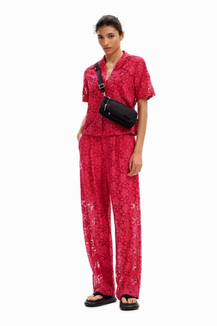 Desigual Tailored Floral Lace Hlače Roze | 5f6oJOko