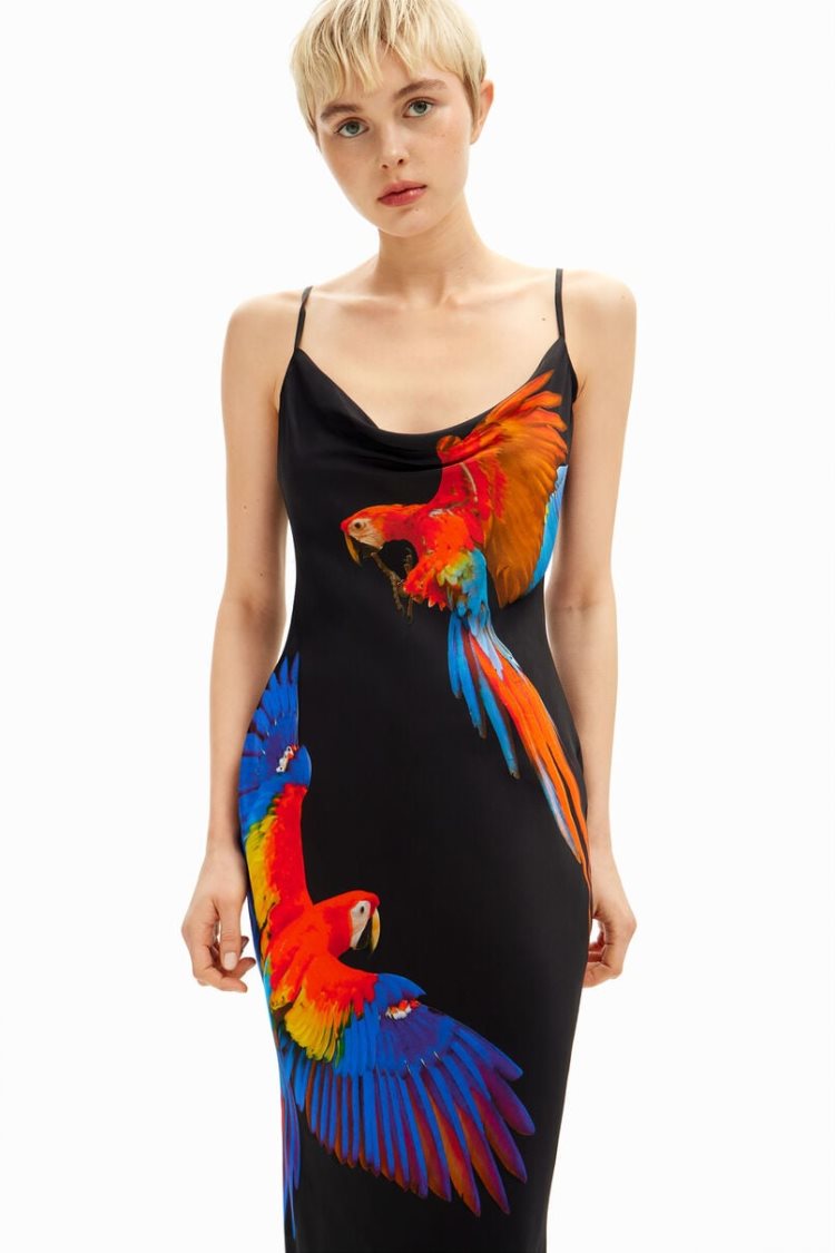 Desigual Tyler Mcgillivary Tropical Parrot Satin Strappy Haljina Crne | HcNmNXGQ